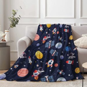 outer space theme throw blanket for kids, 50 x 60 inch blue space astronaut rocket fuzzy plush blanket for boys gift, soft galaxy planet spaceship flannel blanket for children teen bed couch decor