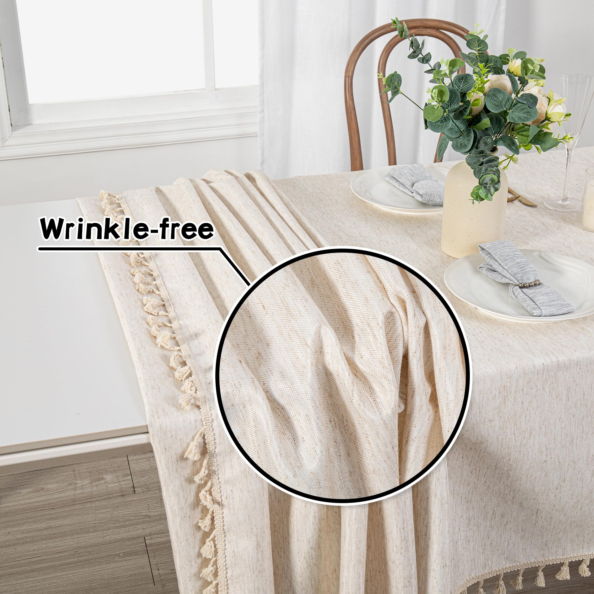 MYSKY HOME Table Cloth 60x84 in Rectangle Table, Heavy Duty Cotton Tassel Linen Look Waterproof Tablecloths Farmhouse Tablecloth, Wrinkle Free Table Cover with Beige Tassels for Kitchen Dining, Party