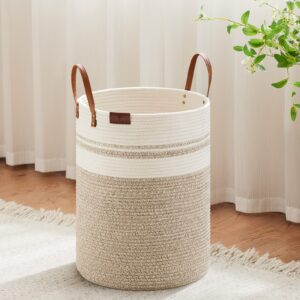 viposco small laundry basket, slim baby hamper with leather handle, cute woven rope storage basket for blanket, kids toy, clothes in living room, bathroom, bedroom, nursery room - 30l brown & white