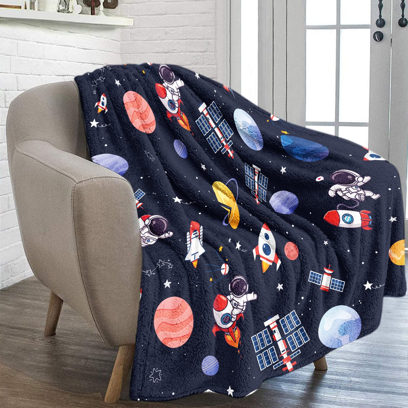 Outer Space Theme Throw Blanket for Kids, 50 x 60 Inch Blue Space Astronaut Rocket Fuzzy Plush Blanket for Boys Gift, Soft Galaxy Planet Spaceship Flannel Blanket for Children Teen Bed Couch Decor