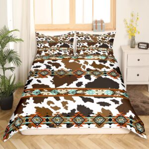 Erosebridal Cowhide Comforter Cover Brown Highland Cow Print Duvet Cover,Western Bedding Sets Queen Exotic Aztec Bed Set,Farmhouse Wild Animals Longhorn Skin Room Decor Cowboys Gifts for Men