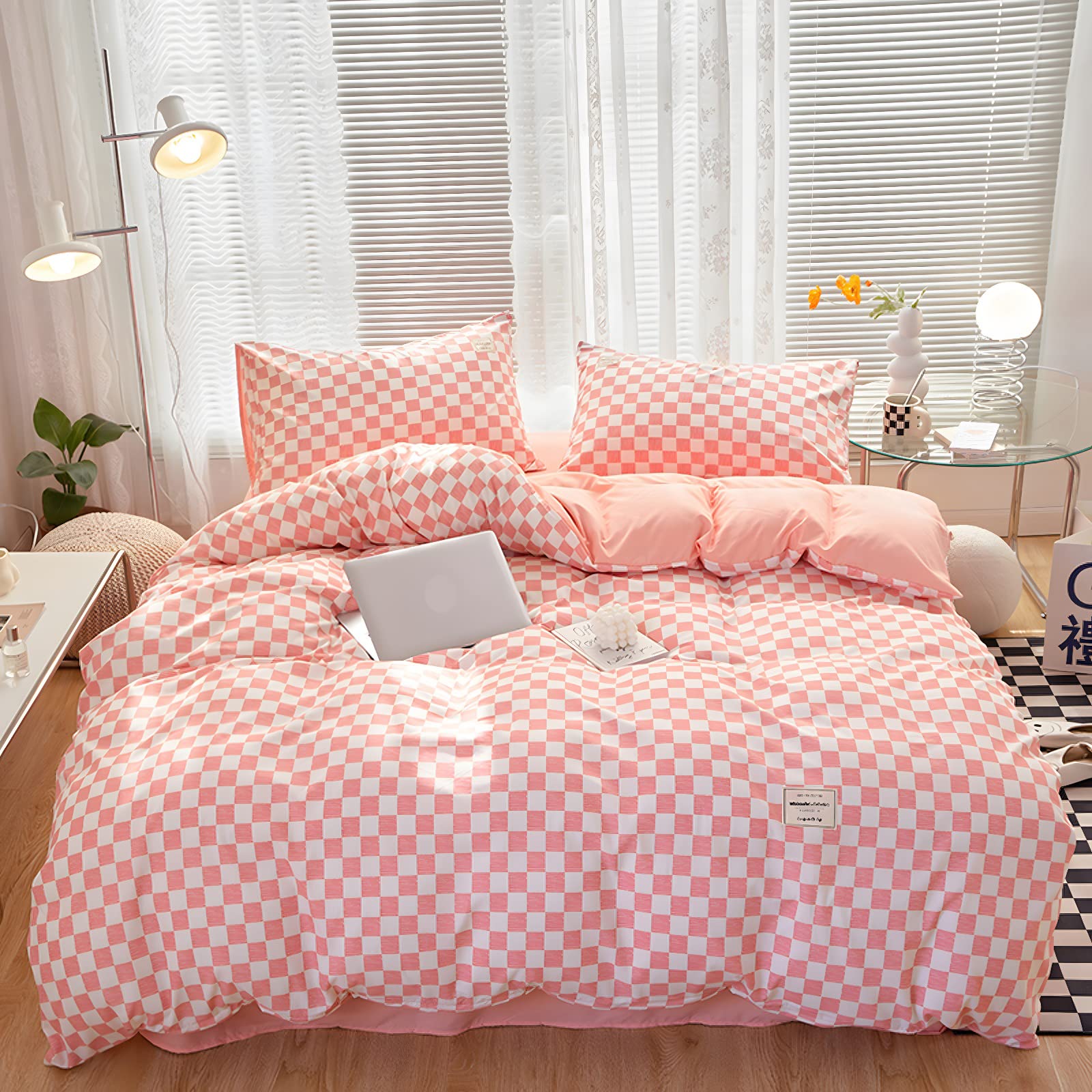 Pink Bedding Checkered Duvet Cover Set Twin, Soft 100% Washed Cotton Grid Plaid Duvet Cover Set, 4PCS 1 Quilt Cover+2 Pillow Covers+1 Flat Sheet, Checkered Cover Set Bedding Sets Collections