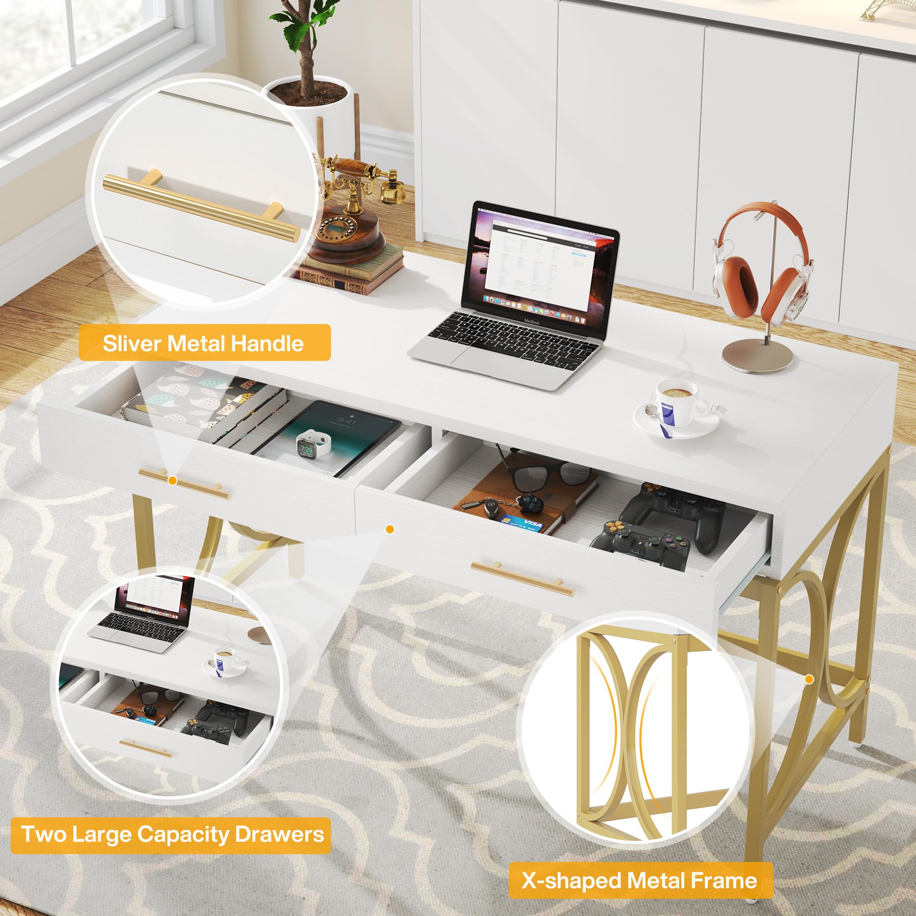 Tribesigns Modern Computer Desk with 2 Drawers, 41 Inches Study Writing Office Desk for Home Office, Bedroom, Makeup Vanity Table Desk with Gold Metal Frame, White & Gold