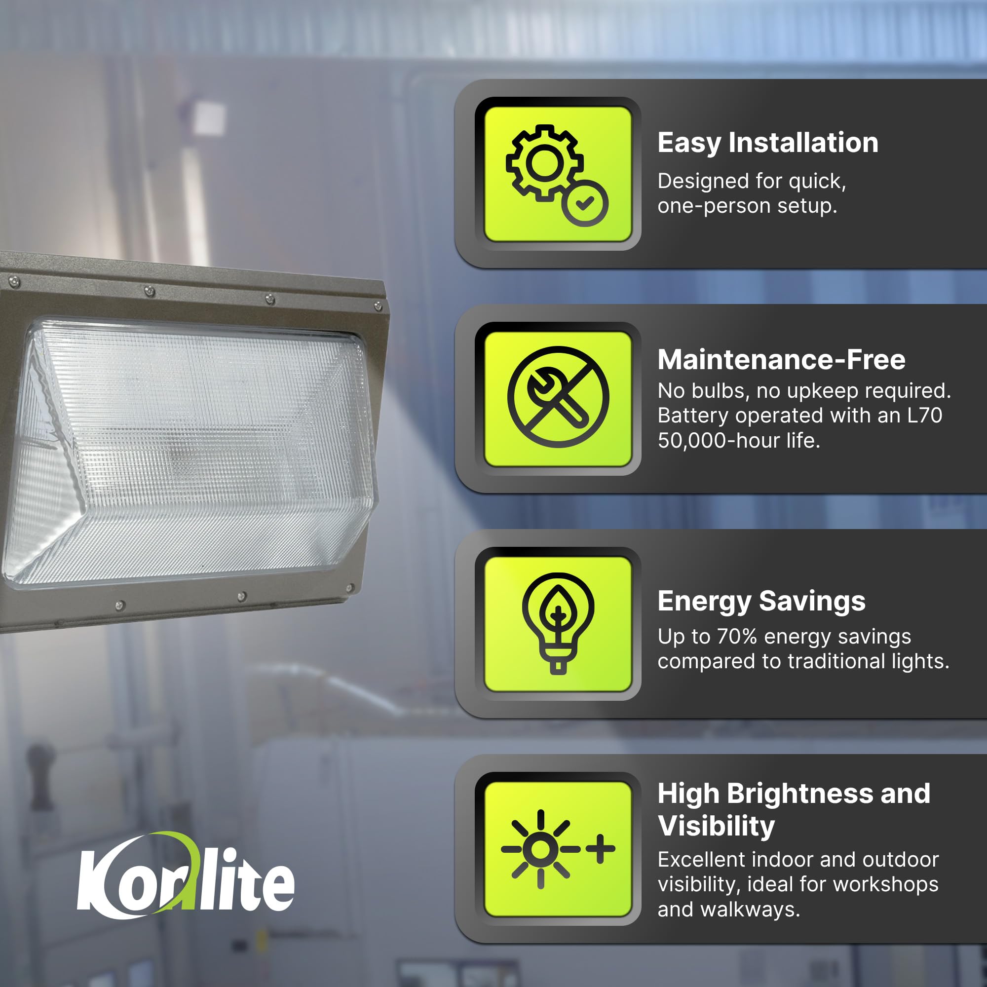 Konlite - 108/90/63W Commercial LED Wall Pack Light with Photocell, IP65 Rated, DLC/ETL Listed Wall Light Fixtures, Wall Lights for Outdoor Lighting, 3 Bright Lvls, Up to 14,040LM, 5000K Daylight