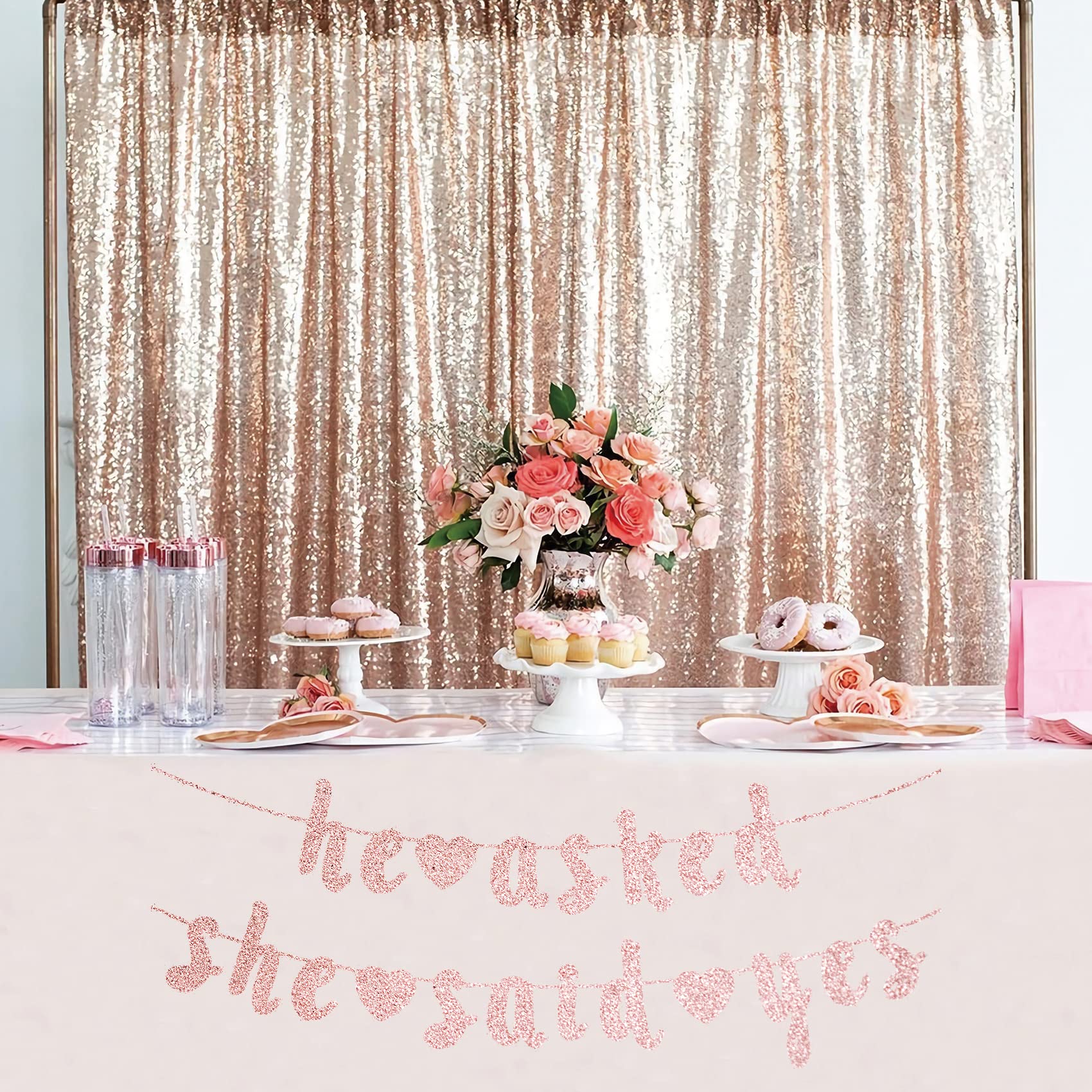 Engagement Party Decorations, Rose & Gold Engaged He Asked She Said Yes Banner, Bachelorette Party Favors, Glitter Diamond Bride Sign for Bridal Shower Hen Party Supplies Backdrop Decor (Rose Gold)