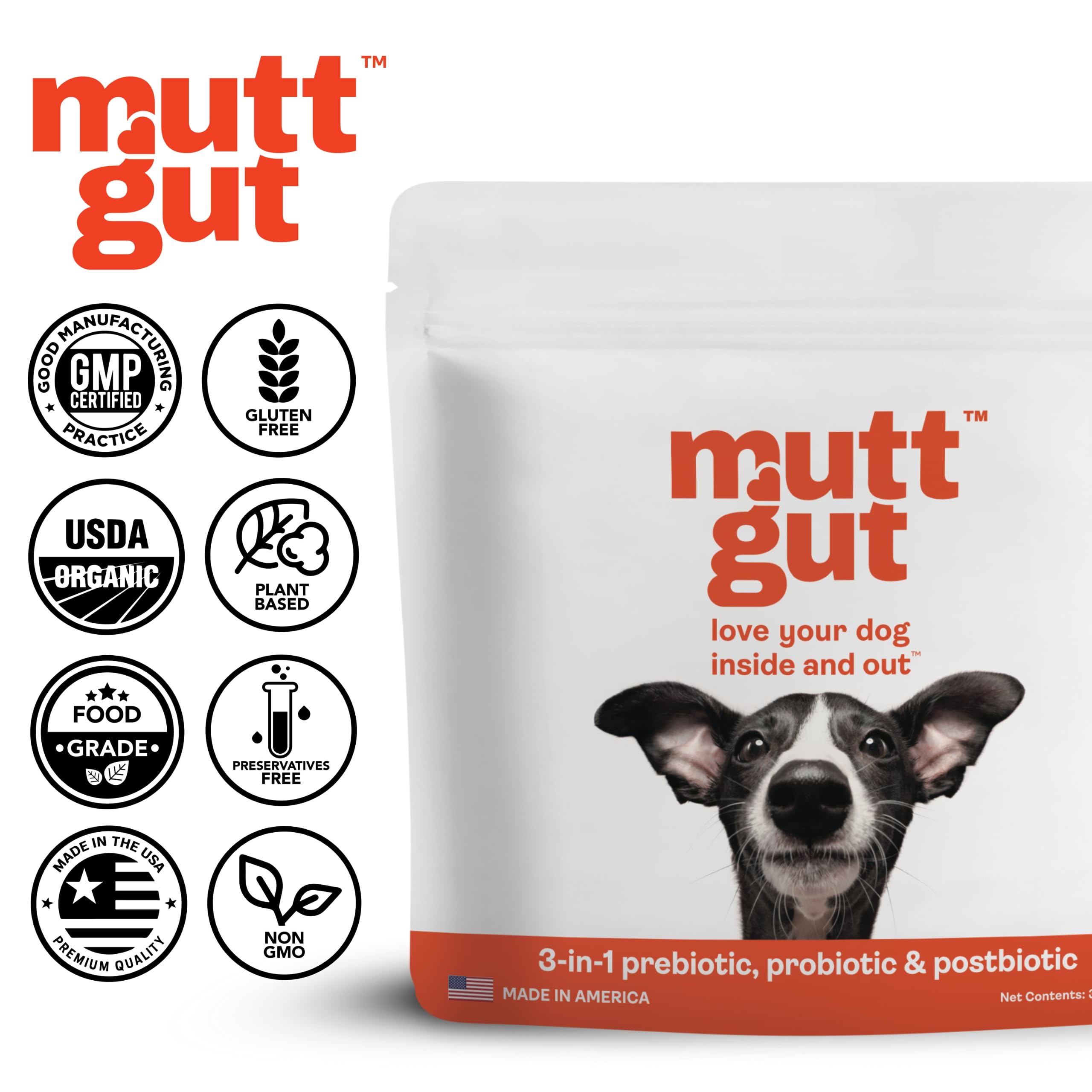 MuttGut All-Natural 3-in-1 Dog Probiotic, Prebiotic, and Postbiotic Supplement Powder - Probiotics for Dogs with 135 Billion CFUs, Anti Diarrhea, Digestive Enzymes & Antioxidants (90g)