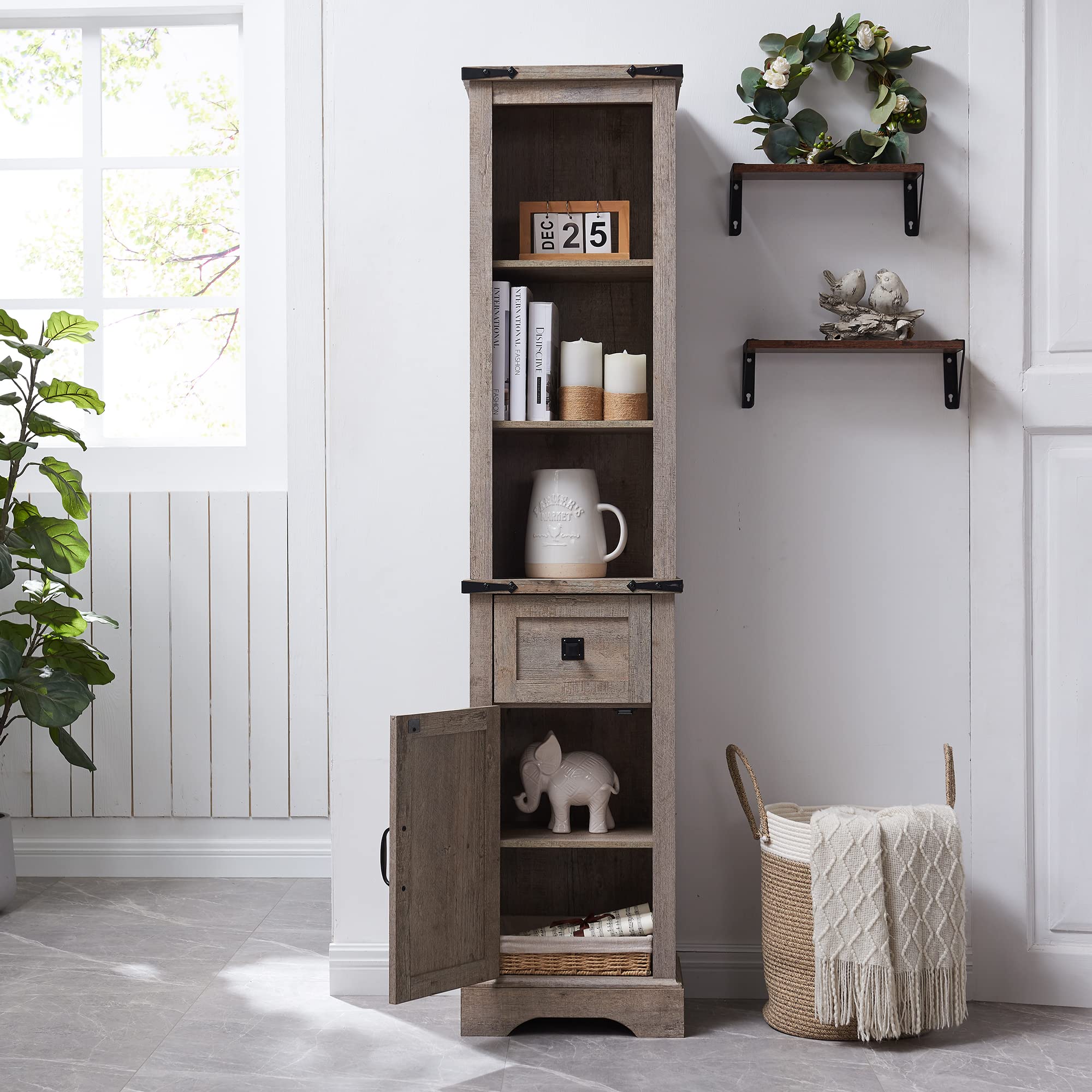 OKD Bathroom Storage Cabinet, Farmhouse Storage Cabinet with Adjustable Shelves & Storage Drawer, Tall Linen Tower for Bathroom, Living Room, Light Rustic Oak