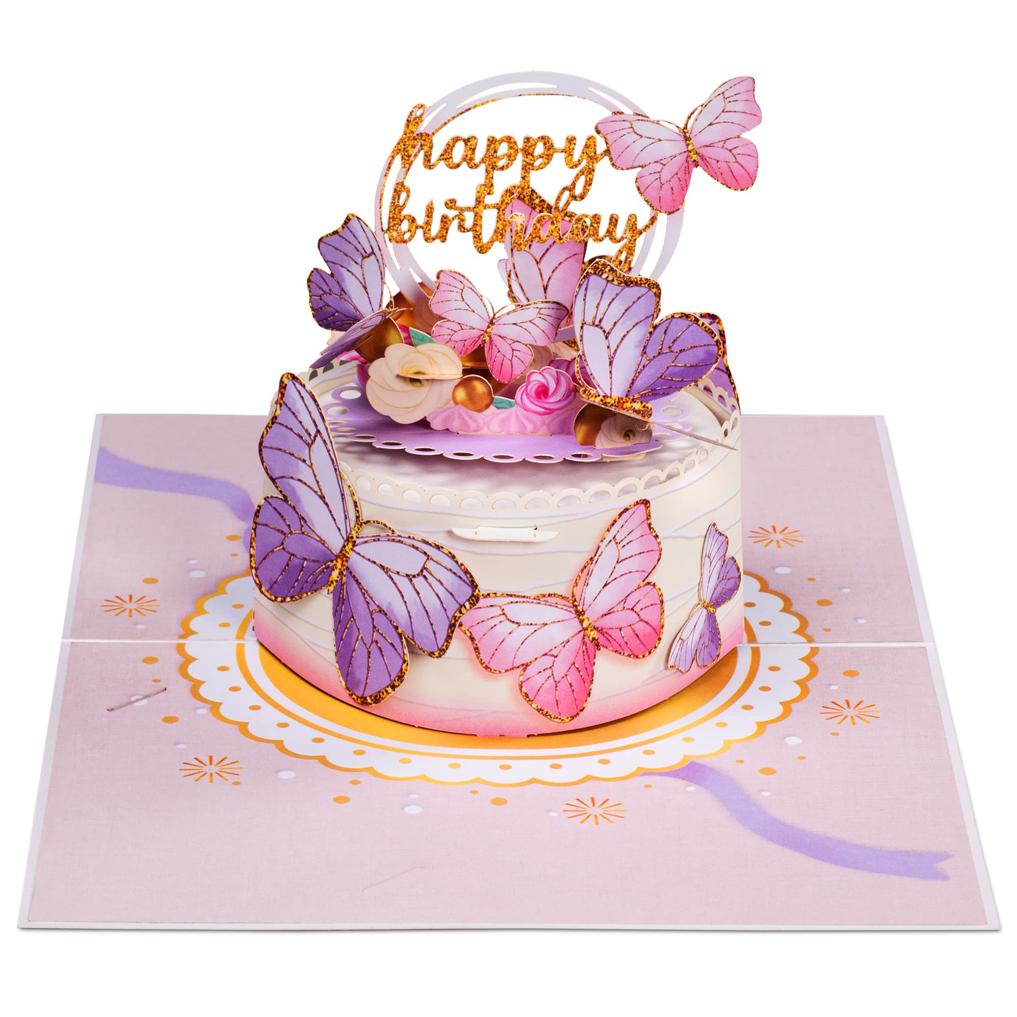 Paper Love Butterfly Birthday Cake, 3D Pop Up Birthday Card, For Adults or Kids - 5"x7" Cover - Includes Envelope and Note Tag