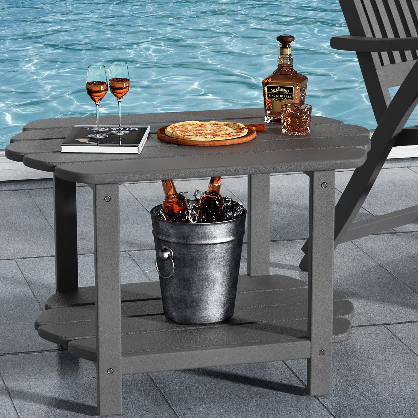 FERFALDER Small Outdoor Side Tables 2-Tier Adirondack Table Industrial End Table HDPE Storage Shelf Modern Corner Rectangle Coffee Table for Patio Pool Home Garden Backyard Balcony Farmhouse Grey