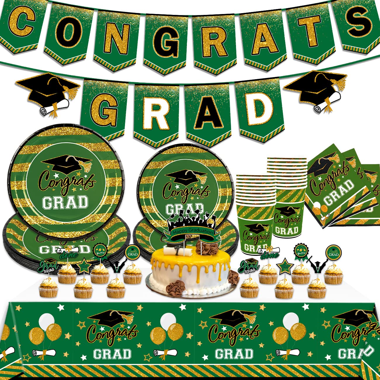 Green Graduation Plates and Napkins Class of 2025 Congrats Grad Decoration Serve 20 Guests Tableware Disposable Plates, Cups, Napkins, Tablecloth, Toppers and Banner for College High School (Green)