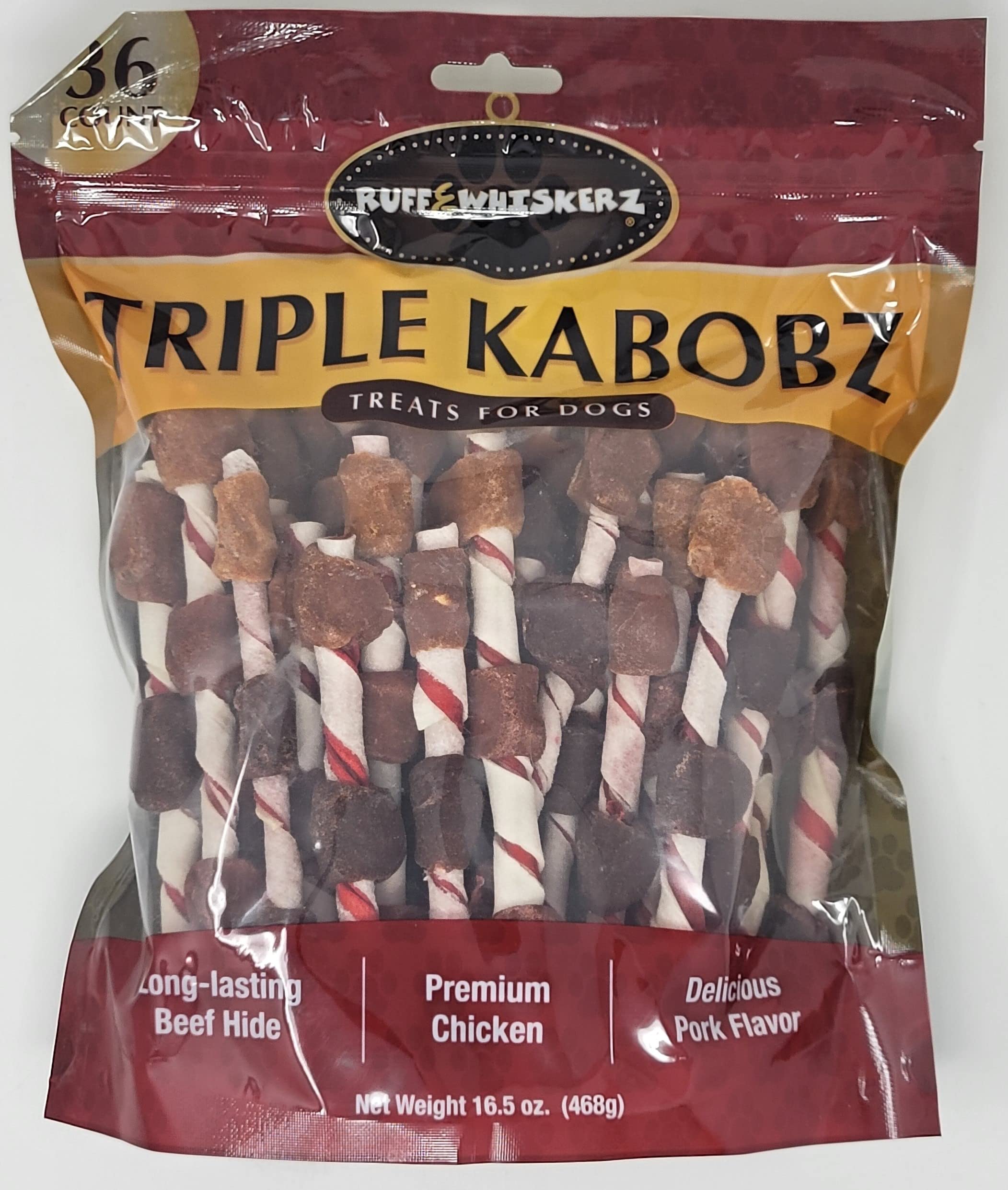 KTR Ruff & WHISKERZ Triple Kabaobz Rawhide Treat for Dog | Made with Real Beef Hide and Chicken | Satisfies Dogs Craving to Chew | 36 Count