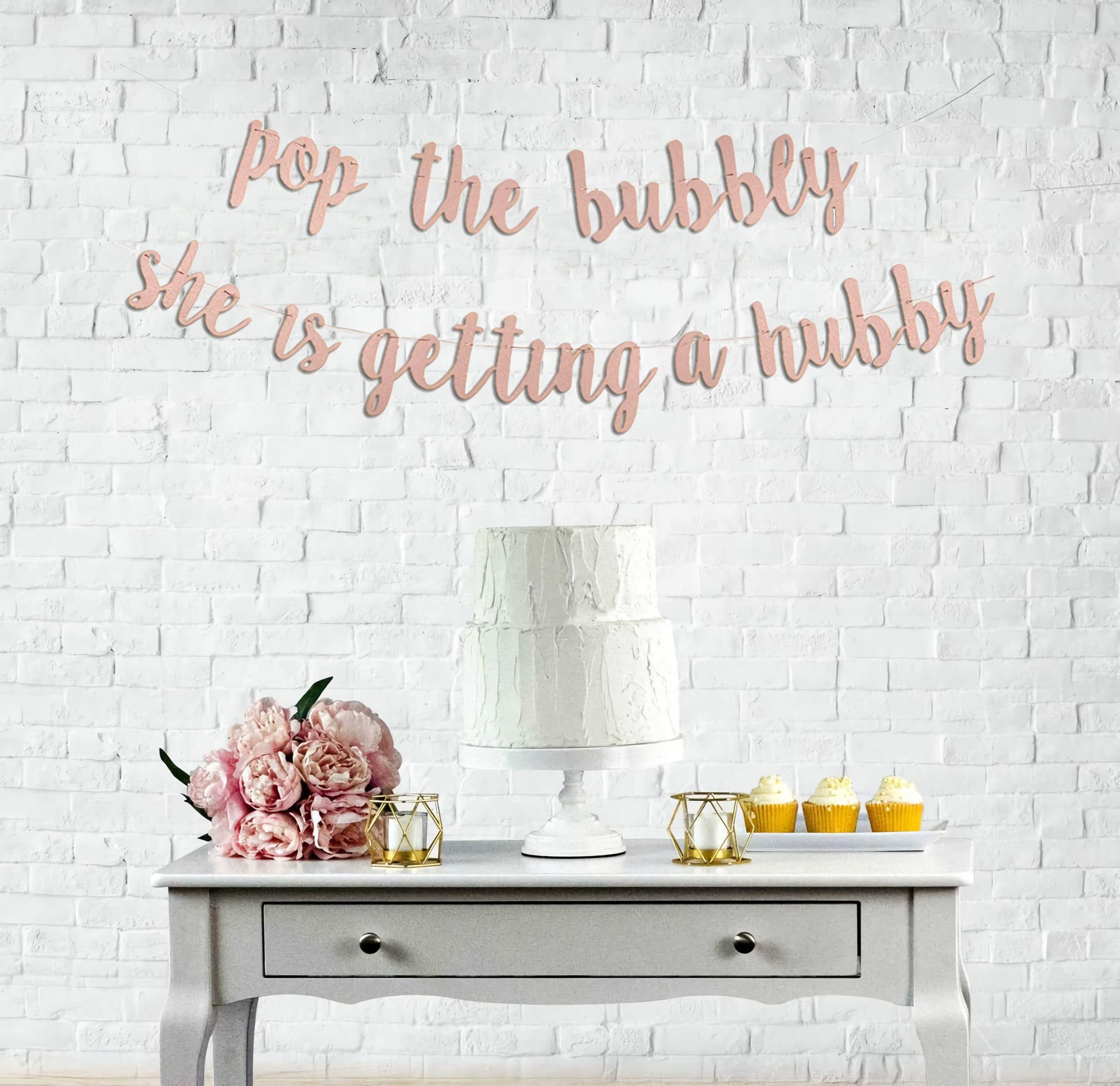 Engagement Party Decorations Rose Gold Bridal Shower, Bachelorette Banner “Pop The Bubbly She is Getting a Hubby” Wedding Girls Night Out Golden Photo Props Bride to be Backdrop Decor Supplies Favors