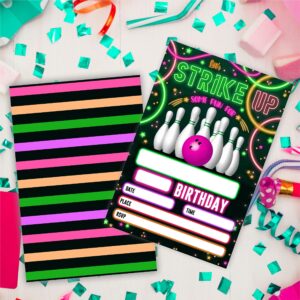 Colorful Neon Glow Bowling Birthday Invitations, Let's Strike Up Some Fun Birthday Party Invites For Kids Adults， Birthday Party And Events Supplies, 20 Fill-In Invites Cards With Matching