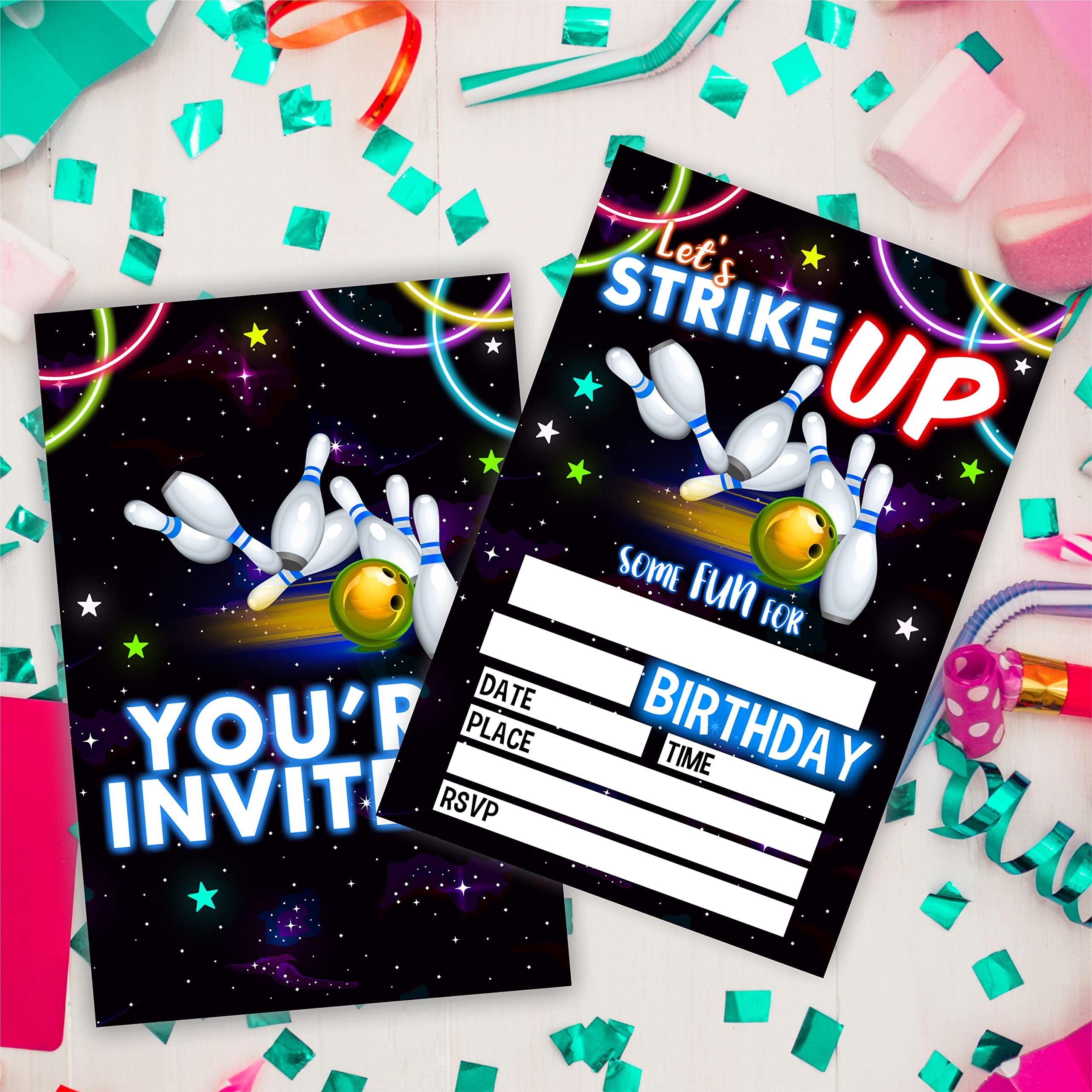 Let's Strike Up Birthday Invitations, Neon Bowling Vintage Birthday Party Invites For Kids Adults Birthday Party And Events Supplies, 20 Fill-In Invites Cards With Matching Envelopes（YQK-B14）