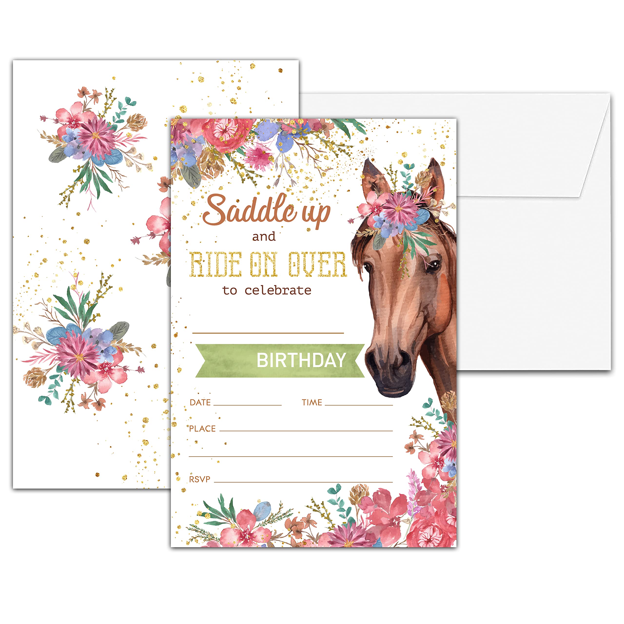 Chuxvon Birthday Party Invitations, Floral Horse Birthday Invitations, Double-Sided Fill In Birthday Invites, Birthday Party Favors Decorations Supplies, 20 Cards With 20 Envelopes(Invite-A08)