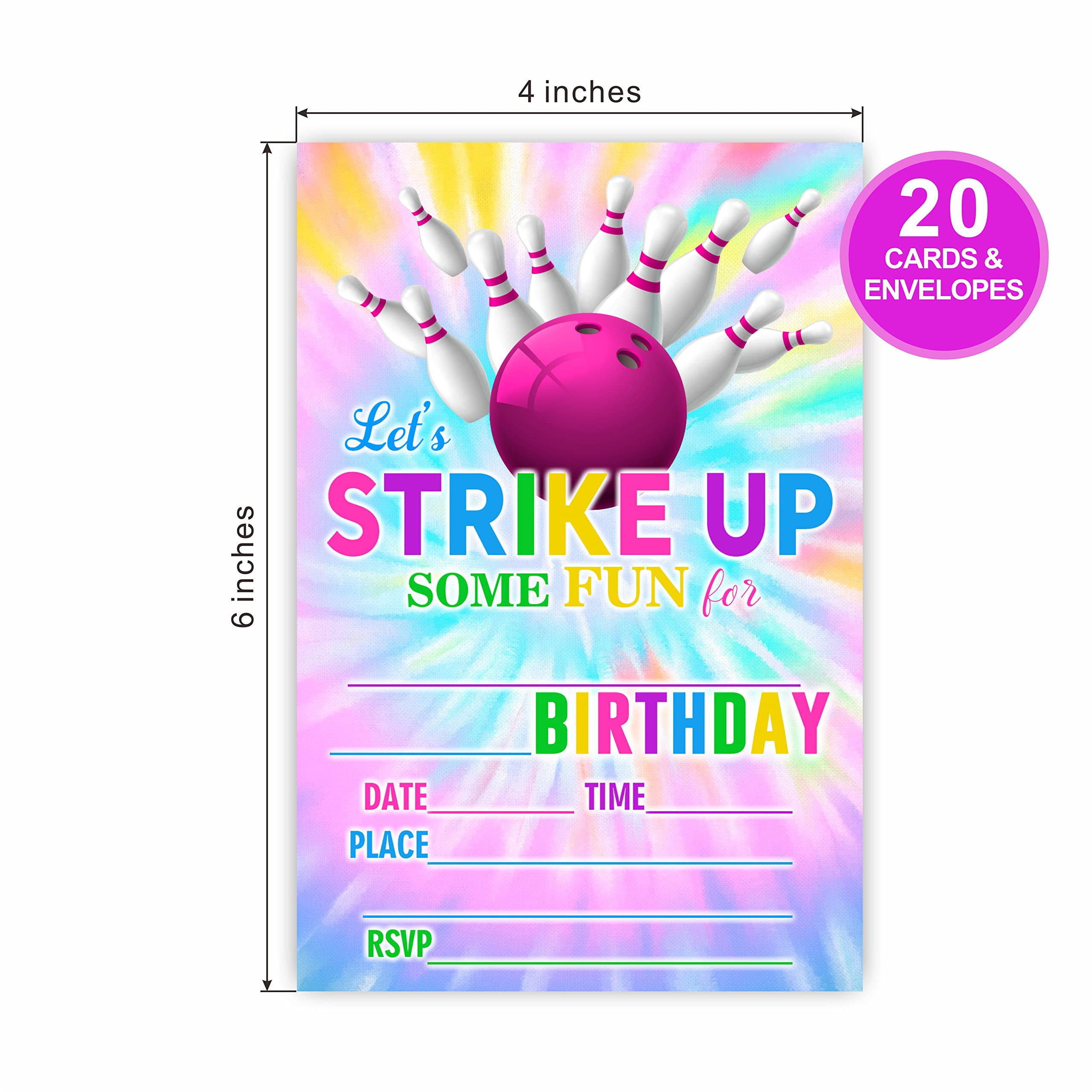 Tie Dye Bowling Birthday Invitations, Let's Strike Up Some Fun Birthday Party Invites For Kids Adults Birthday Party And Events Supplies, 20 Fill-In Invites Cards With Matching Envelopes（YQK-B11）