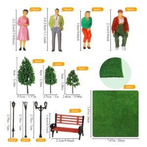 55 Pcs Model Trains Architectural Scale Painted Figures, Include 30 Miniature People 5 Street Lamps 11 Mixed Model Trees 5 Model Park Street Seat 4 Fake Grass for Miniature Scene (1:75)