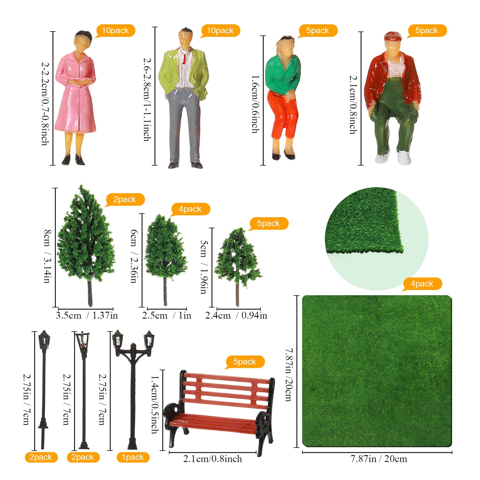 55 Pcs Model Trains Architectural Scale Painted Figures, Include 30 Miniature People 5 Street Lamps 11 Mixed Model Trees 5 Model Park Street Seat 4 Fake Grass for Miniature Scene (1:75)