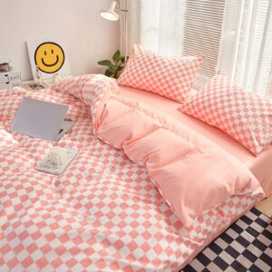 Pink Bedding Checkered Duvet Cover Set Twin, Soft 100% Washed Cotton Grid Plaid Duvet Cover Set, 4PCS 1 Quilt Cover+2 Pillow Covers+1 Flat Sheet, Checkered Cover Set Bedding Sets Collections