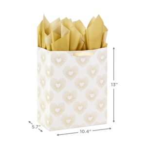 Hallmark 13" Large Heart Gift Bag with Wedding Card and Tissue Paper (Best Wishes Gold and White, Hearts) for Weddings, Bridal Showers, Engagements