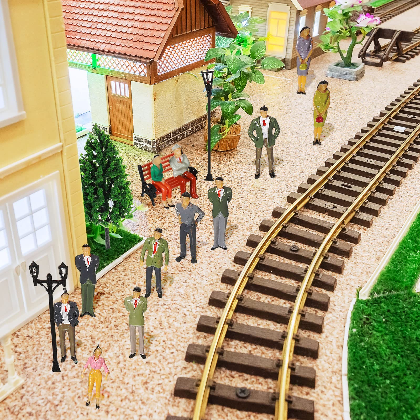 55 Pcs Model Trains Architectural Scale Painted Figures, Include 30 Miniature People 5 Street Lamps 11 Mixed Model Trees 5 Model Park Street Seat 4 Fake Grass for Miniature Scene (1:75)