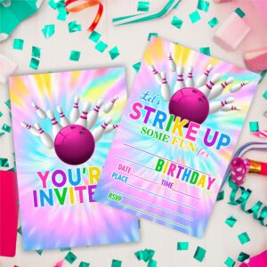 Tie Dye Bowling Birthday Invitations, Let's Strike Up Some Fun Birthday Party Invites For Kids Adults Birthday Party And Events Supplies, 20 Fill-In Invites Cards With Matching Envelopes（YQK-B11）