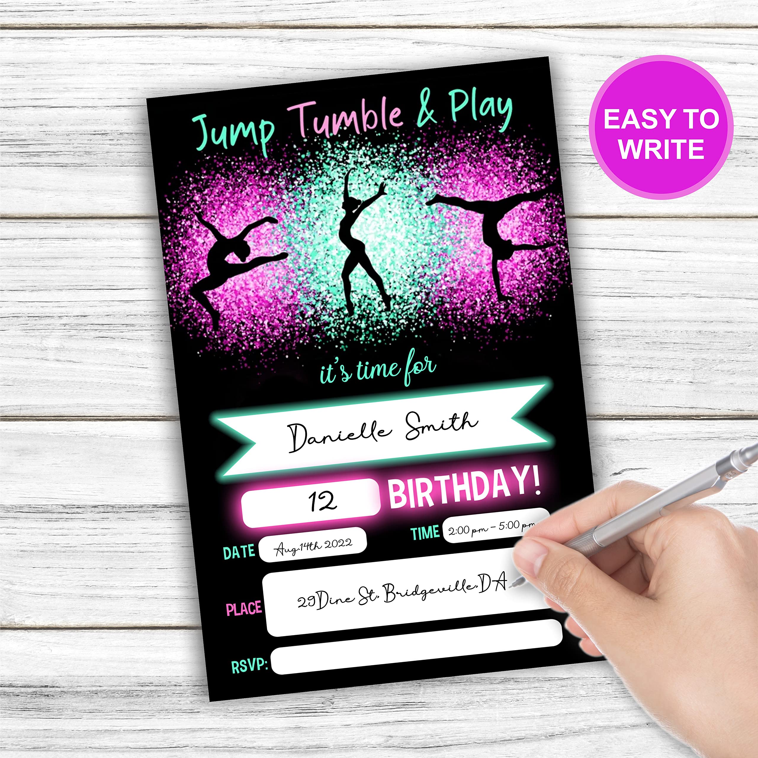 Jump Tumble & Play Birthday Invitations, Neon Pink Foil Gymnastic Birthday Party Invites Decorations, Birthday Party And Events Supplies, 20 Fill-In Invites Cards With Matching Envelopes（YQK-B03）