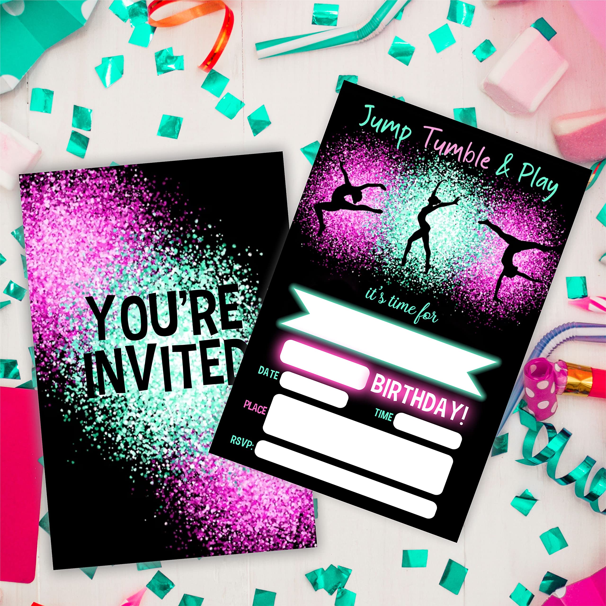 Jump Tumble & Play Birthday Invitations, Neon Pink Foil Gymnastic Birthday Party Invites Decorations, Birthday Party And Events Supplies, 20 Fill-In Invites Cards With Matching Envelopes（YQK-B03）