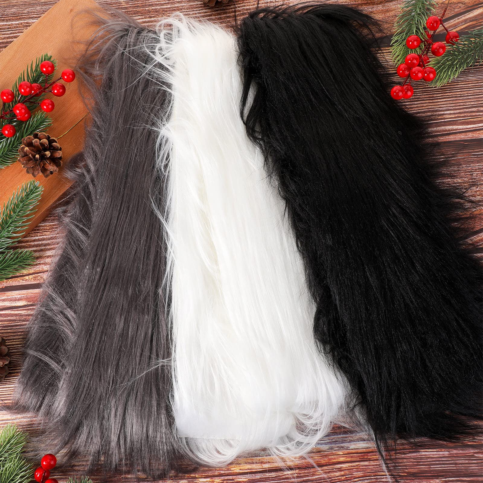 3 Pcs 4 x 60 Inch Christmas Plush Faux Fur Fabric Faux Fur Scrap Pieces Fuzzy Craft Fake Fur Furry Fluffy Fabric Fur Chair Cover Patch Clothing Decoration for Beard Cosplay Costume DIY Projects