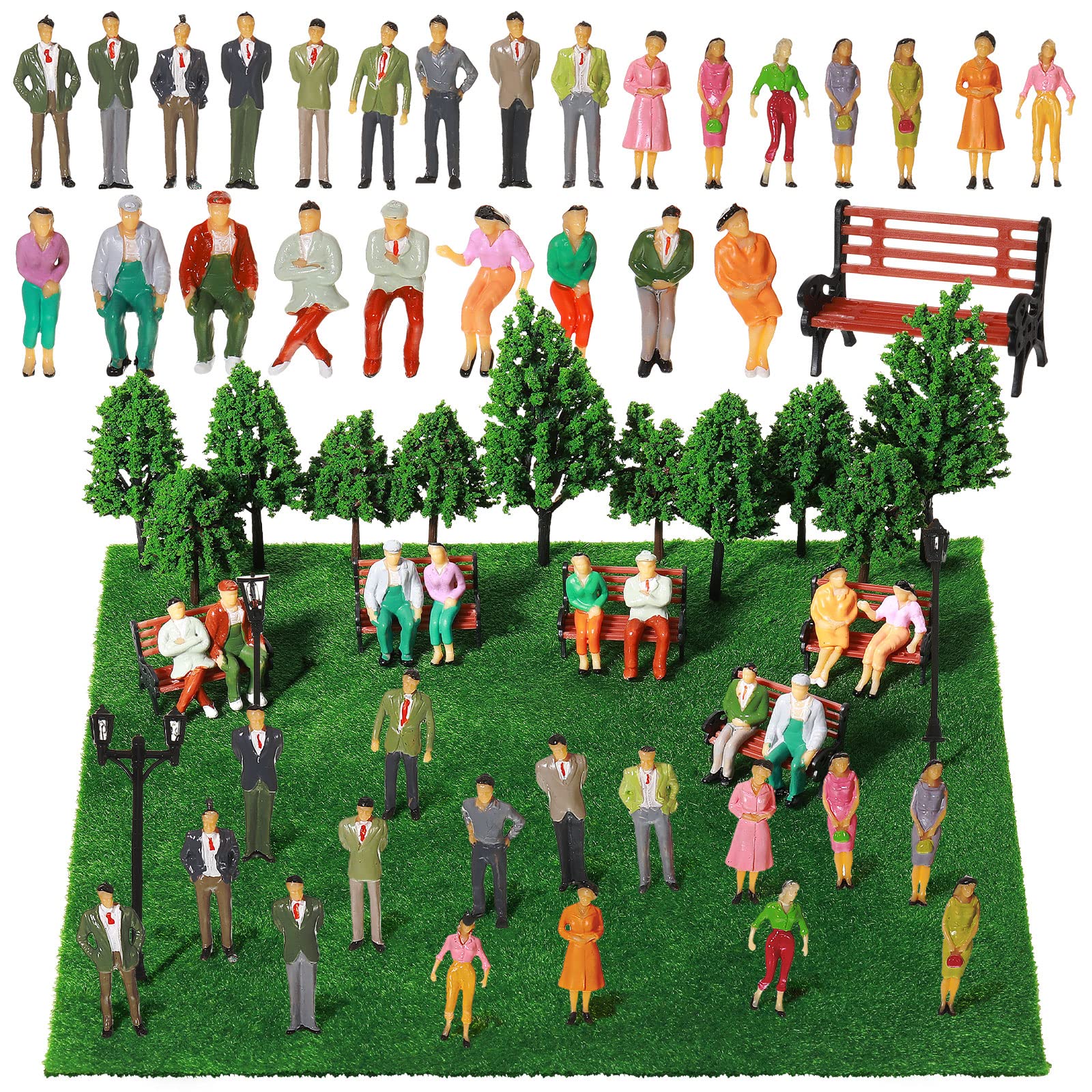 55 Pcs Model Trains Architectural Scale Painted Figures, Include 30 Miniature People 5 Street Lamps 11 Mixed Model Trees 5 Model Park Street Seat 4 Fake Grass for Miniature Scene (1:75)