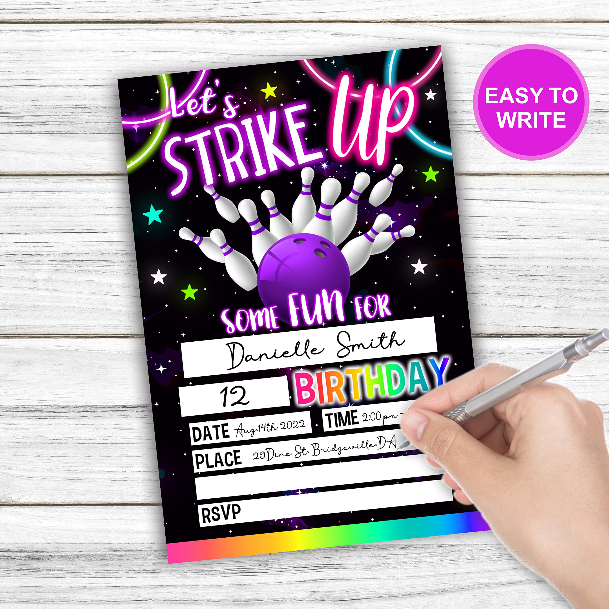 Let's Strike Up Some Fun Birthday Invitations, Neon Bowling Rainbow Glow Birthday Party Invites For Kids Adults Birthday Party And Events Supplies, 20 FillIn Invites Cards With Matching