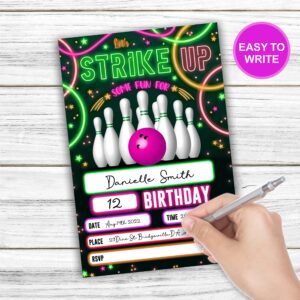 Colorful Neon Glow Bowling Birthday Invitations, Let's Strike Up Some Fun Birthday Party Invites For Kids Adults， Birthday Party And Events Supplies, 20 Fill-In Invites Cards With Matching