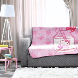 Hello Kitty Strawberry Milk Throw Blanket - Measures 46 x 60 inches, Kids Bedding Features Kitty White - Fade Resistant Super Soft Fleece (Official Hello Kitty Product)