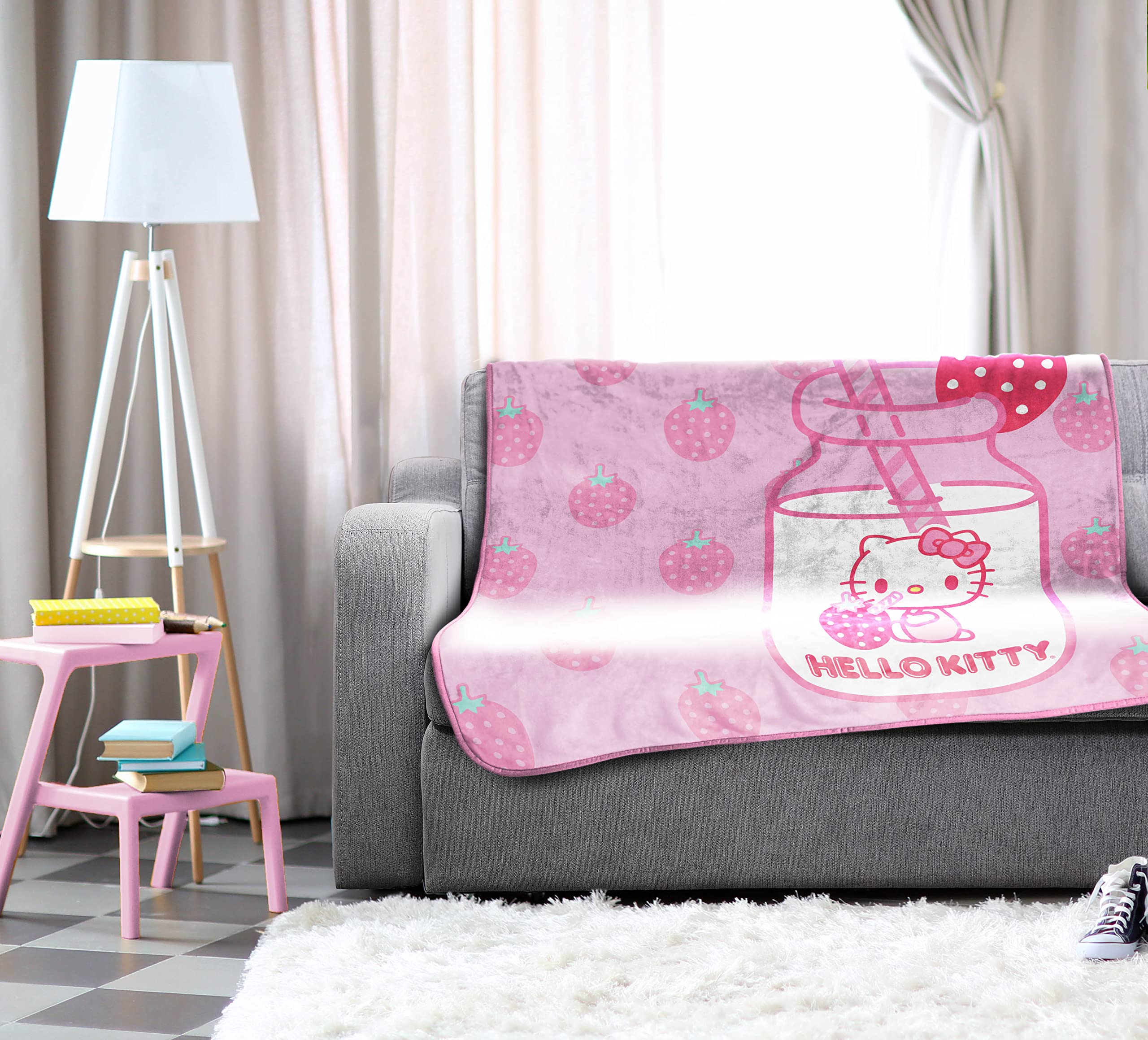 Hello Kitty Strawberry Milk Throw Blanket - Measures 46 x 60 inches, Kids Bedding Features Kitty White - Fade Resistant Super Soft Fleece (Official Hello Kitty Product)