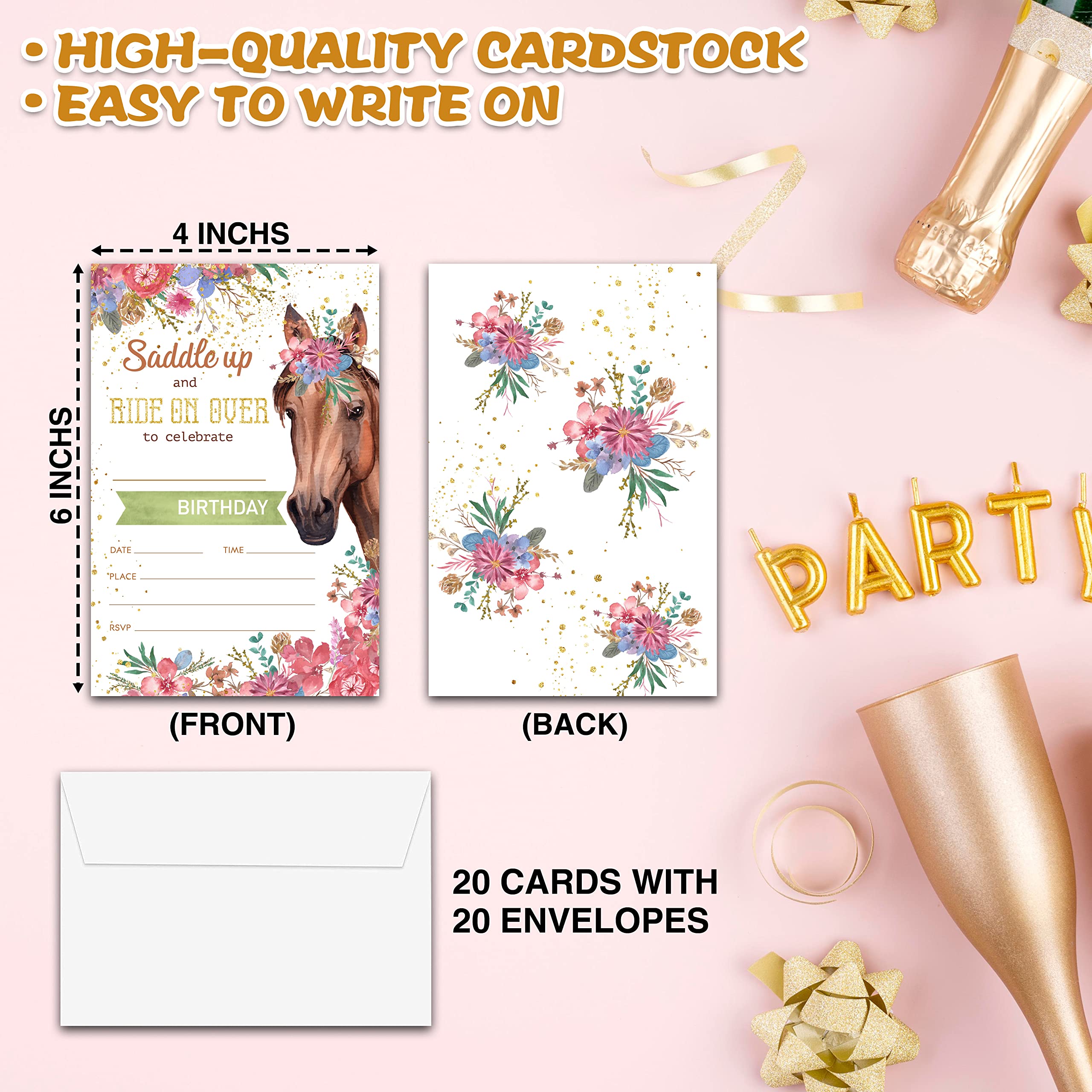 Chuxvon Birthday Party Invitations, Floral Horse Birthday Invitations, Double-Sided Fill In Birthday Invites, Birthday Party Favors Decorations Supplies, 20 Cards With 20 Envelopes(Invite-A08)