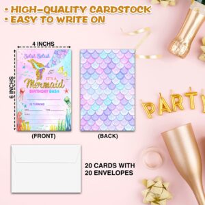 Birthday Party Invitations, Mermaid Birthday Invitations, Double-Sided Fill In Birthday Invites, Magical Glitter Birthday Party Favors Decorations Supplies, 20 Cards With 20 Envelopes(Invite-A05)