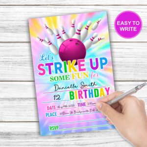 Tie Dye Bowling Birthday Invitations, Let's Strike Up Some Fun Birthday Party Invites For Kids Adults Birthday Party And Events Supplies, 20 Fill-In Invites Cards With Matching Envelopes（YQK-B11）