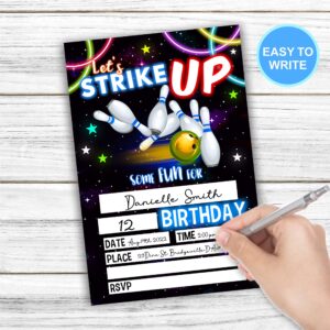 Let's Strike Up Birthday Invitations, Neon Bowling Vintage Birthday Party Invites For Kids Adults Birthday Party And Events Supplies, 20 Fill-In Invites Cards With Matching Envelopes（YQK-B14）