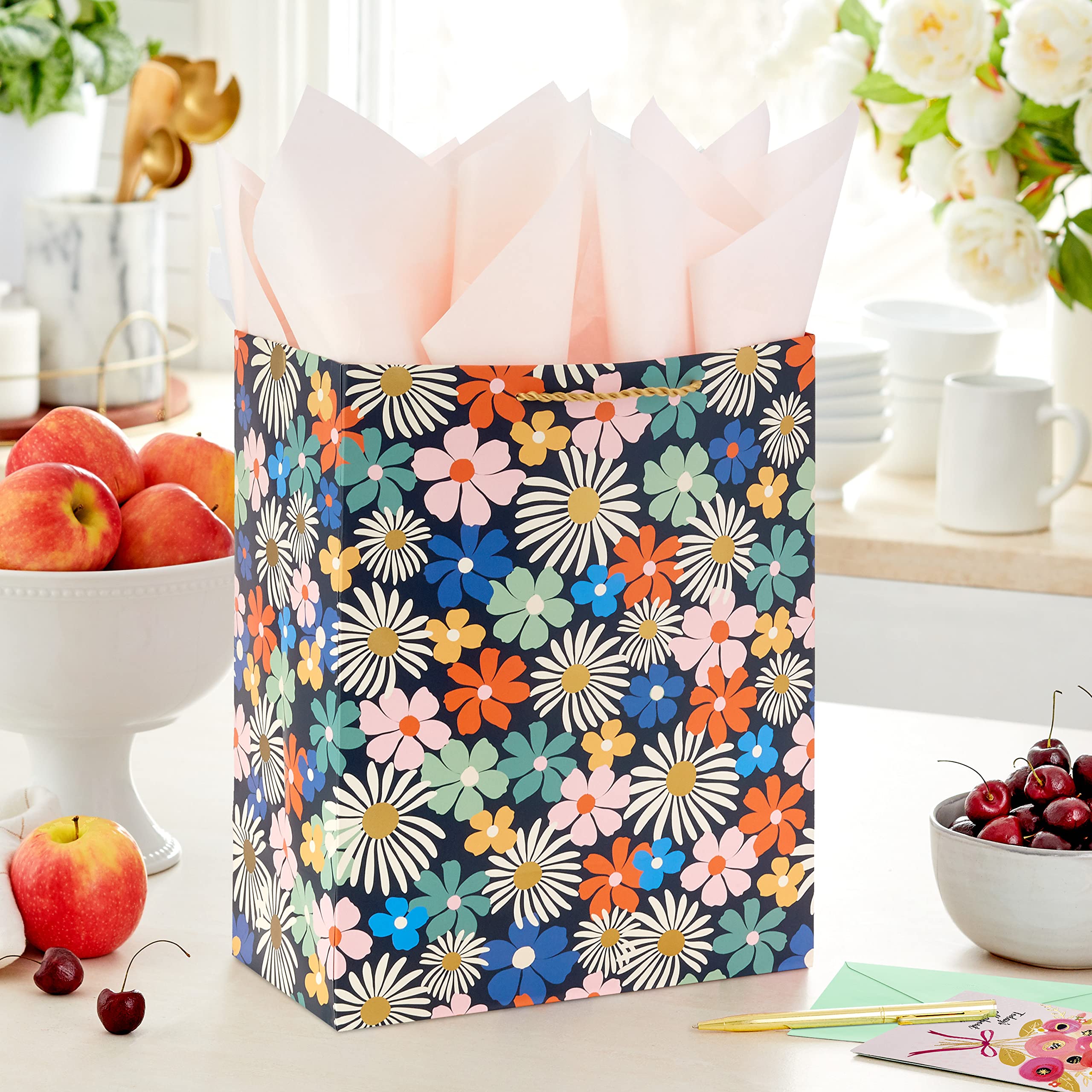 Hallmark 13" Large Gift Bag with Birthday Card and Tissue Paper for Women (Modern Flowers, Pink, Sage, Blue, Black, Yellow) for Mom, Daughter, Sister, Girlfriend, Aunt, Nana