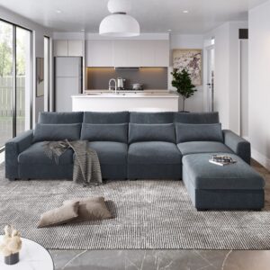 WILLIAMSPACE 129.9" Sectional Sofa for Living Room, Large L-Shaped Sofa Couch with Ottoman, Feather Filled 4 Seat Upholstered Convertible Modular Sofa with Waist Pillows - Dark Grey