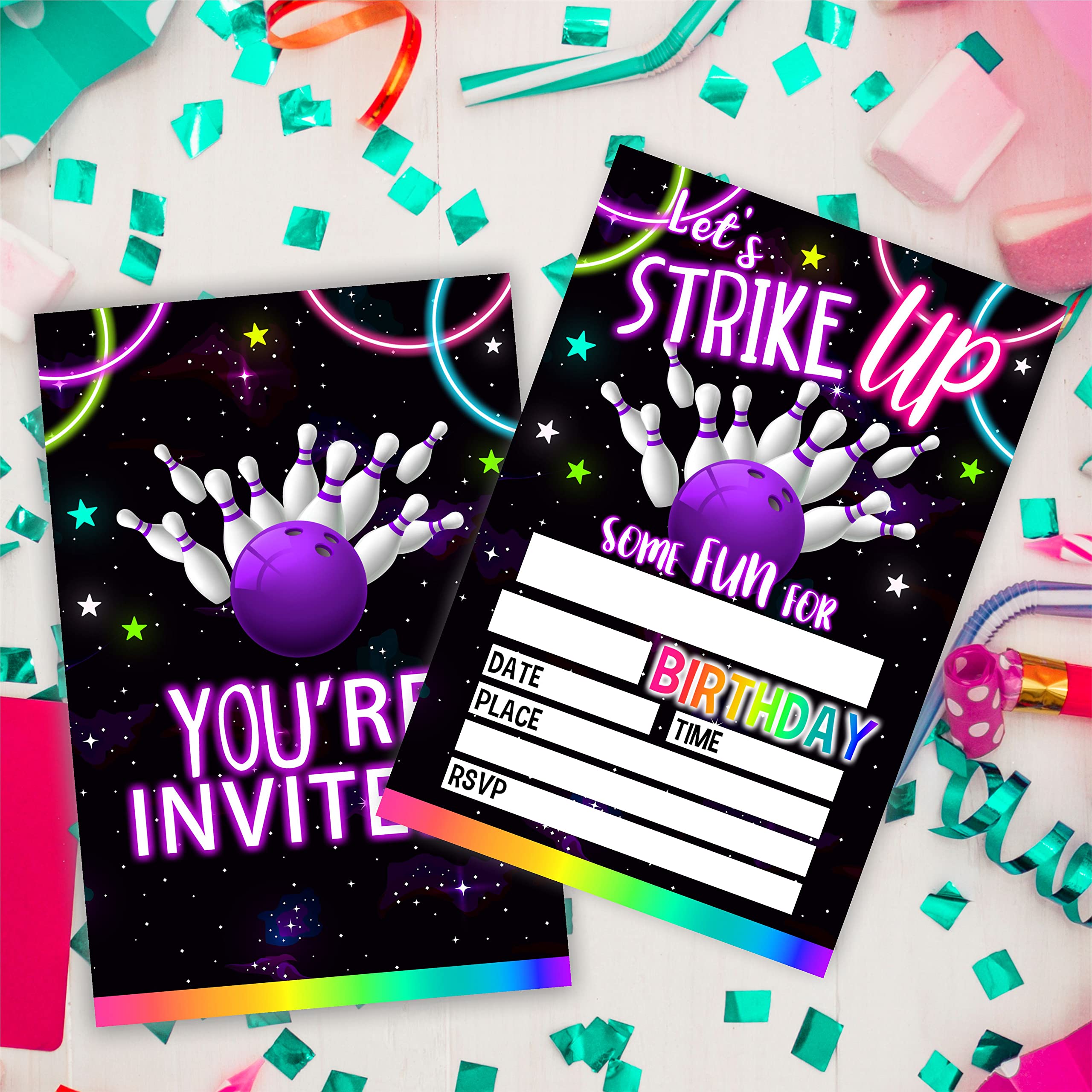 Let's Strike Up Some Fun Birthday Invitations, Neon Bowling Rainbow Glow Birthday Party Invites For Kids Adults Birthday Party And Events Supplies, 20 FillIn Invites Cards With Matching