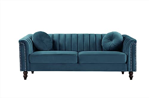 Container Furniture Direct Tufted Velvet Sofa with Removable Cushions and Turned Wood Legs, Elegant Living Room Furniture for The Modern Home, 75.2 Inch Couch, Blue Green