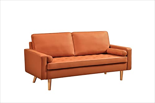 Container Furniture Direct 2-Piece Set Faux Leather Sofa for The Modern Living Room with Removable Cushions and Solid Wood Legs, Luxury Style Button-Tufted Loveseat and Couch, Red Orange