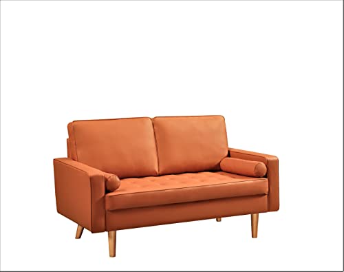 Container Furniture Direct 2-Piece Set Faux Leather Sofa for The Modern Living Room with Removable Cushions and Solid Wood Legs, Luxury Style Button-Tufted Loveseat and Couch, Red Orange