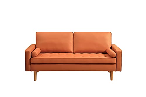 Container Furniture Direct 2-Piece Set Faux Leather Sofa for The Modern Living Room with Removable Cushions and Solid Wood Legs, Luxury Style Button-Tufted Loveseat and Couch, Red Orange