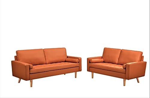 Container Furniture Direct 2-Piece Set Faux Leather Sofa for The Modern Living Room with Removable Cushions and Solid Wood Legs, Luxury Style Button-Tufted Loveseat and Couch, Red Orange