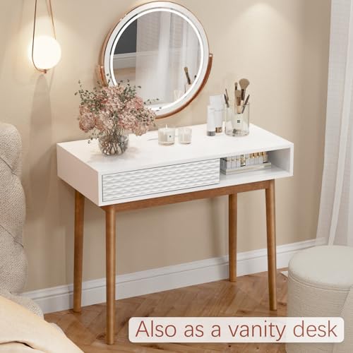 VOXANOXI Small Table for Bedroom, 40 inch White Writing Small Table with Drawer