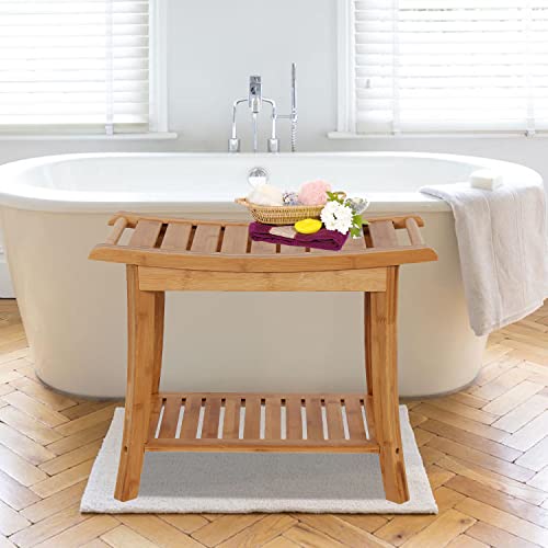 Kinfant Bathroom Bamboo Shower Bench - Spa Bath Shower Stool with Storage Shelf, Wooden Seat for Inside Shower (Style 1)