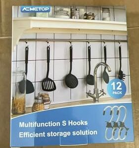 ACMETOP 12 Pack S Hooks for Hanging, S Hooks Stainless Steel with Safety Buckle, Metal Hooks Fitting Diameter up to 1.26 Inch, Heavy Duty for Hanging Pots and Pans, Coffee Cups, Clothes, Plants