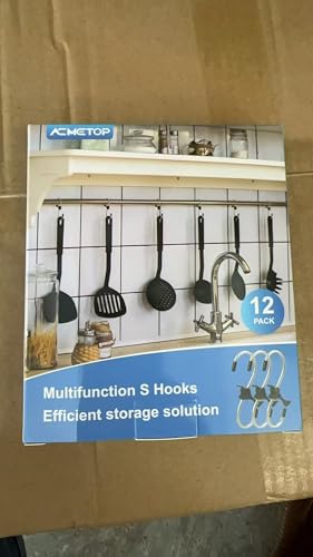 ACMETOP 12 Pack S Hooks for Hanging, S Hooks Stainless Steel with Safety Buckle, Metal Hooks Fitting Diameter up to 1.26 Inch, Heavy Duty for Hanging Pots and Pans, Coffee Cups, Clothes, Plants